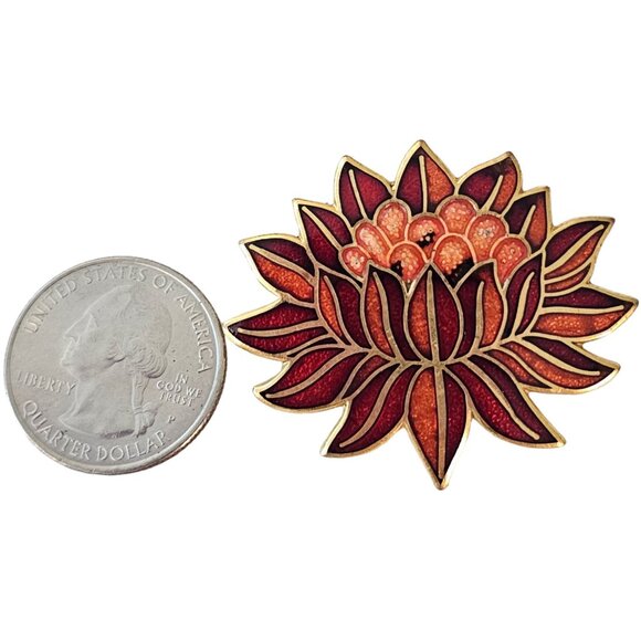 MMA Pink Red Enamel Water Lily Flower Brooch, Signed L123 - Picture 6 of 9